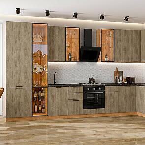 Модульный кухонный гарнитур Флэт-05 Natural Casella Oak 2S/Дуб Вотан 2340x4000/1000x600 Полки стекло