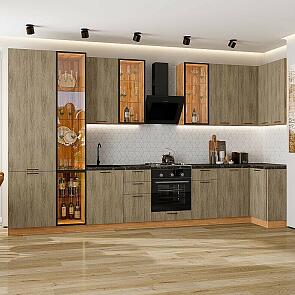 Модульный кухонный гарнитур Флэт-05 Natural Casella Oak 2S/Дуб Вотан 2340x4000/1000x600 Полки стекло