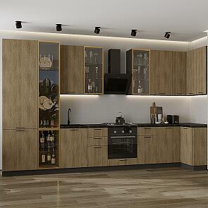 Модульный кухонный гарнитур Флэт-05 Natural Casella Oak 2S/Graphite 2340x4000/1000x600 Полки стекло