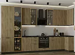 Модульный кухонный гарнитур Флэт-05 Natural Casella Oak 2S/Graphite 2340x4000/1000x600 Полки стекло
