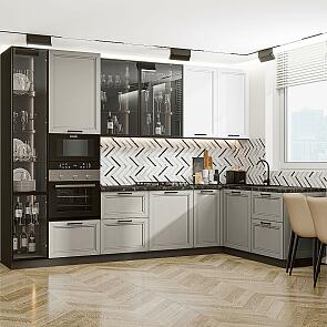 Модульный кухонный гарнитур Нео-04 White Silk, Clay Silk/Graphite 2340x3200/1800x600 Полки стекло