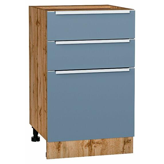 Шкаф нижний с 3-мя ящиками Фьюжн Silky Blue Дуб Вотан 816*500*480