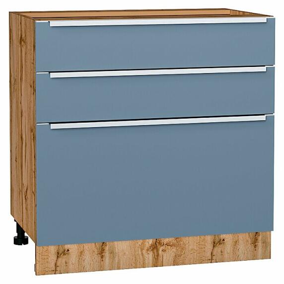 Шкаф нижний с 3-мя ящиками Фьюжн Silky Blue Дуб Вотан 816*800*480