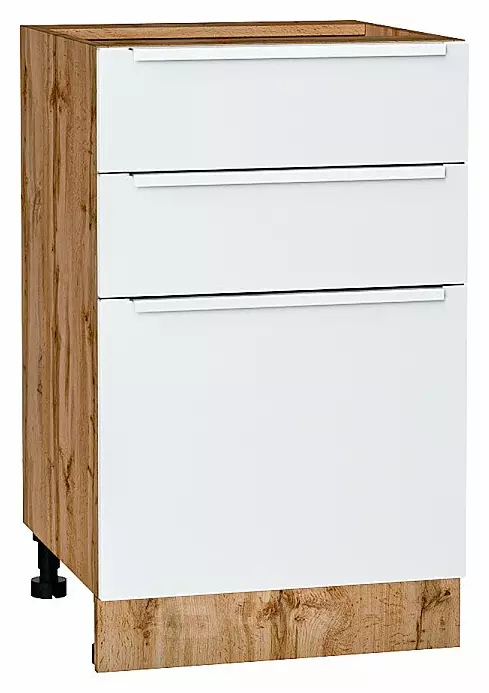 Шкаф нижний с 3-мя ящиками Фьюжн Silky White Дуб Вотан 816*500*480
