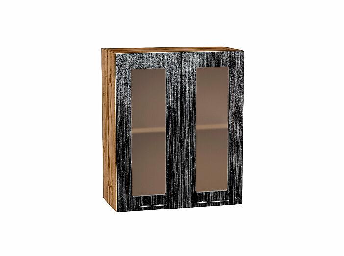Шкаф верхний с 2-мя остекленными дверцами Валерия-М Черный металлик дождь Дуб Вотан 716*600*318