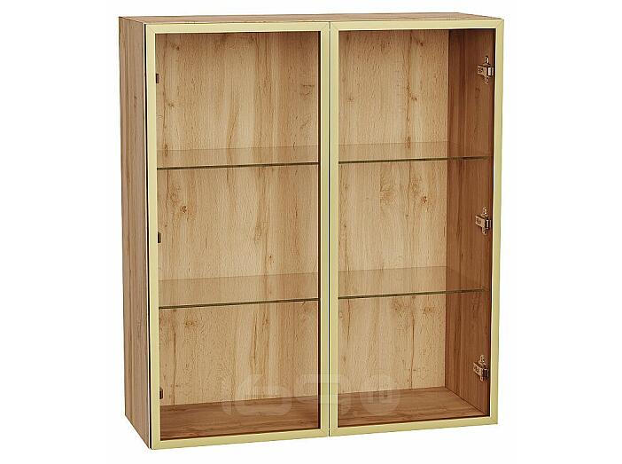 Шкаф верхний с 2-мя остекленными дверцами Золотой/Дуб Вотан Полки Стекло 920*800*322