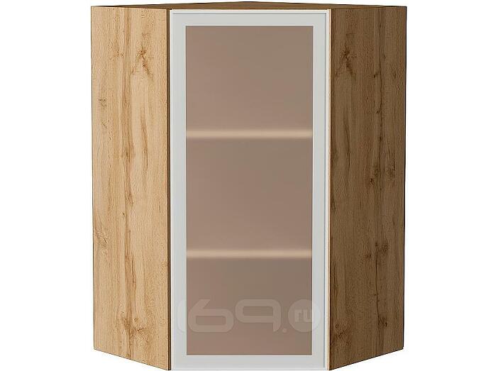 Шкаф верхний угловой остекленный Эйр White Silk/Дуб Вотан 920*600*600