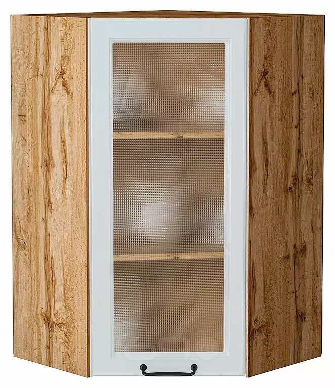 Шкаф верхний угловой остекленный Ницца Blanco/Дуб Вотан 920*600*600