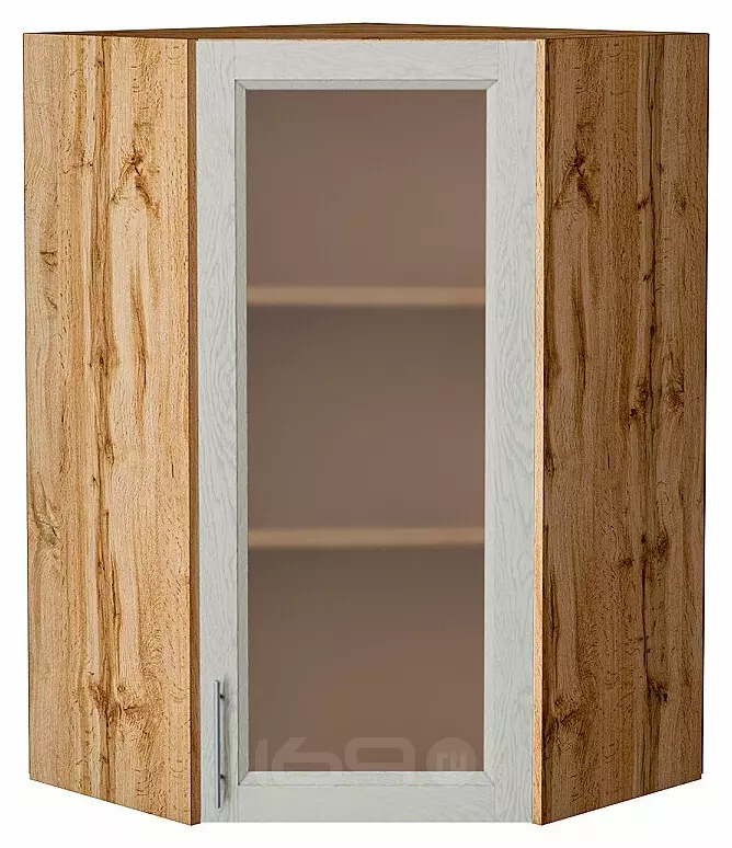 Шкаф верхний угловой остекленный Сканди Cappuccino Softwood Дуб Вотан 920*600*600