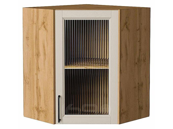 Шкаф верхний угловой остекленный Сканди Cream Silkwood/Дуб Вотан 716*600*600