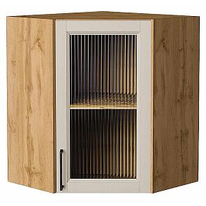 Шкаф верхний угловой остекленный Сканди Cream Silkwood/Дуб Вотан 716*600*600