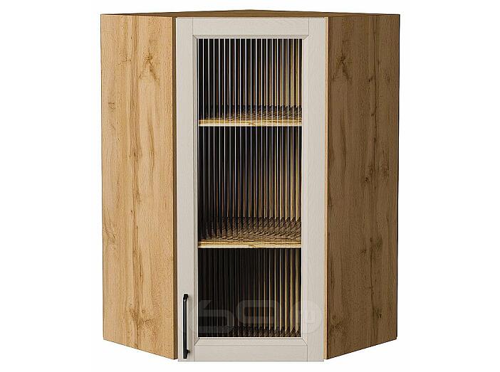 Шкаф верхний угловой остекленный Сканди Cream Silkwood/Дуб Вотан 920*600*600