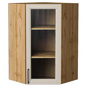 Шкаф верхний угловой остекленный Сканди Cream Silkwood/Дуб Вотан 920*600*600