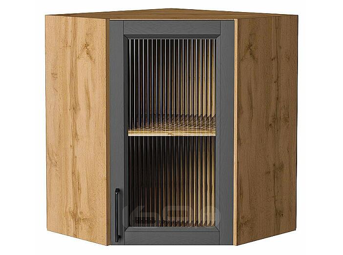 Шкаф верхний угловой остекленный Сканди Stormy Silkwood/Дуб Вотан 716*600*600