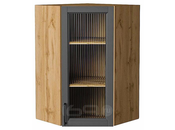 Шкаф верхний угловой остекленный Сканди Stormy Silkwood/Дуб Вотан 920*600*600