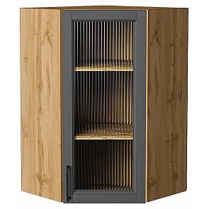 Шкаф верхний угловой остекленный Сканди Stormy Silkwood/Дуб Вотан 920*600*600