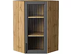 Шкаф верхний угловой остекленный Сканди Stormy Silkwood/Дуб Вотан 920*600*600