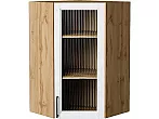 Шкаф верхний угловой остекленный Сканди White Silkwood/Дуб Вотан 920*600*600