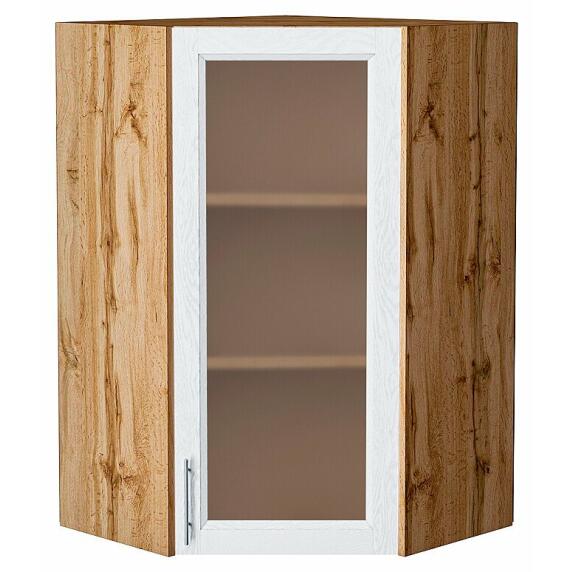 Шкаф верхний угловой остекленный Сканди White Softwood Дуб Вотан 920*600*600