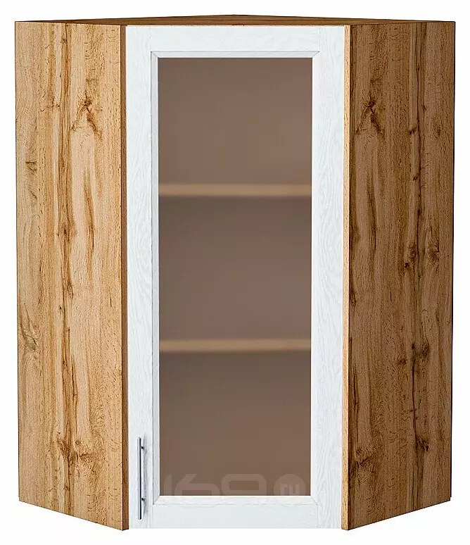 Шкаф верхний угловой остекленный Сканди White Softwood Дуб Вотан 920*600*600
