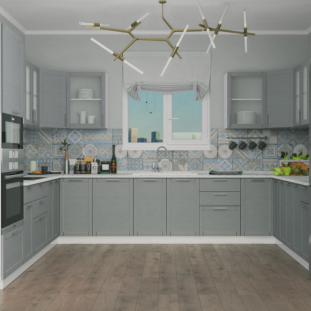 П-образная кухня Сканди-09 Grey Softwood/Белый Браво S-174524, цвет антарес - фото 1