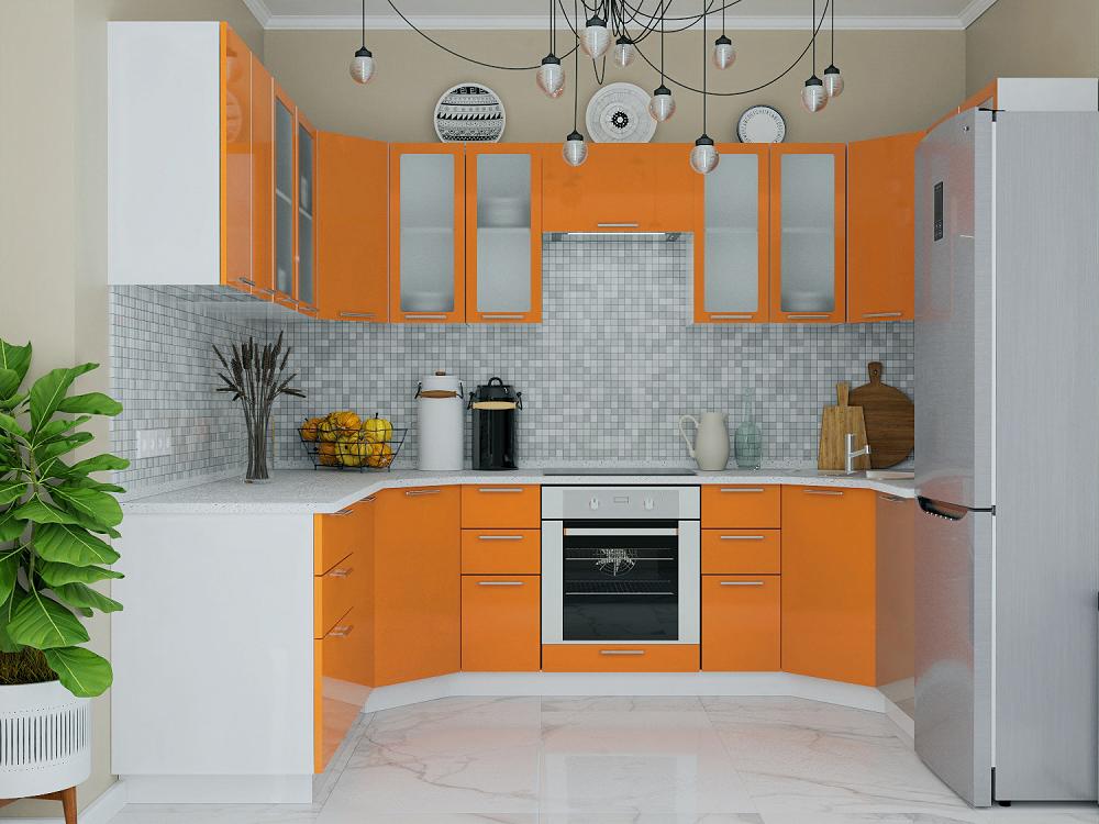 П-образная кухня Валерия-М-08 Оранжевый глянец/Белый