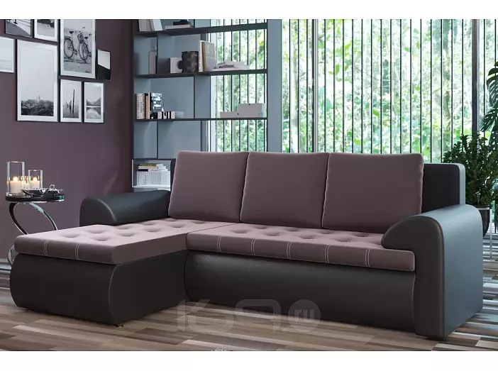 Диван угловой левый Ванкувер (08) экокожа черная/велюр коричневый