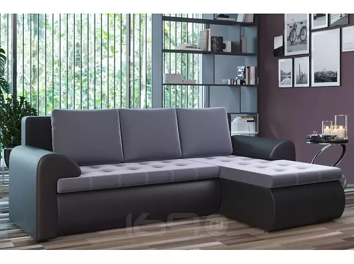 Диван угловой правый Ванкувер (03) экокожа черная/велюр серый