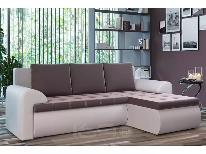 Диван угловой правый Ванкувер (05) экокожа белая/велюр коричневый