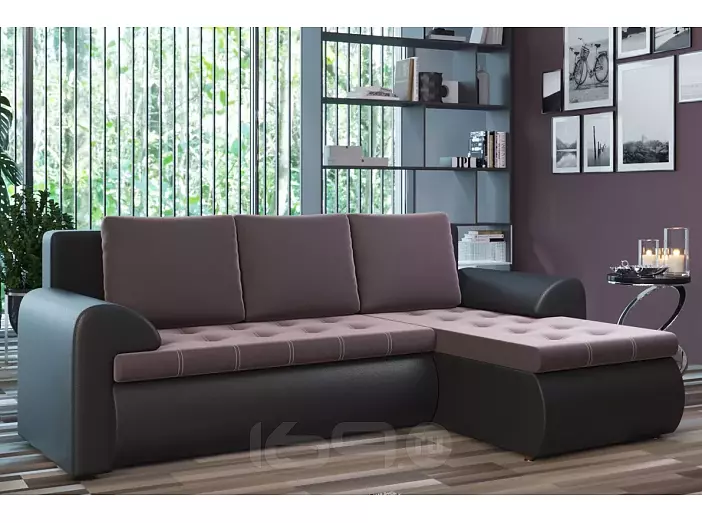 Диван угловой правый Ванкувер (07) экокожа черная/велюр коричневый