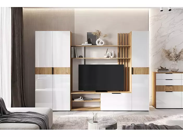 Гостиная Роджина (Белый глянец, Дуб крафт (КРОМКА ДУБ СОНОМА))