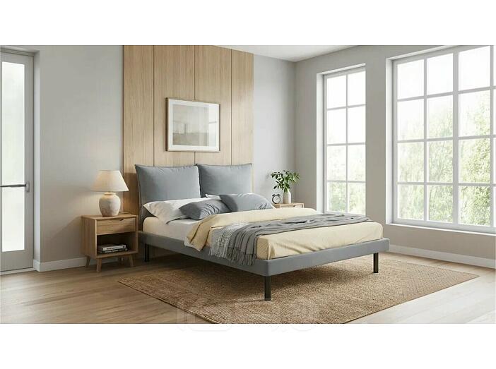 Кровать Fly с матрасом велюр серый без П/М 1400x2000, изголовье мягкое