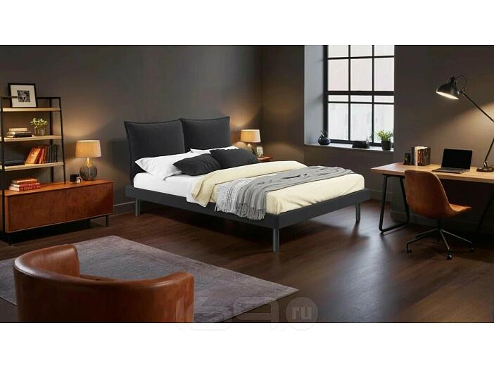 Кровать Fly с матрасом велюр черный без П/М 1400x2000, изголовье мягкое