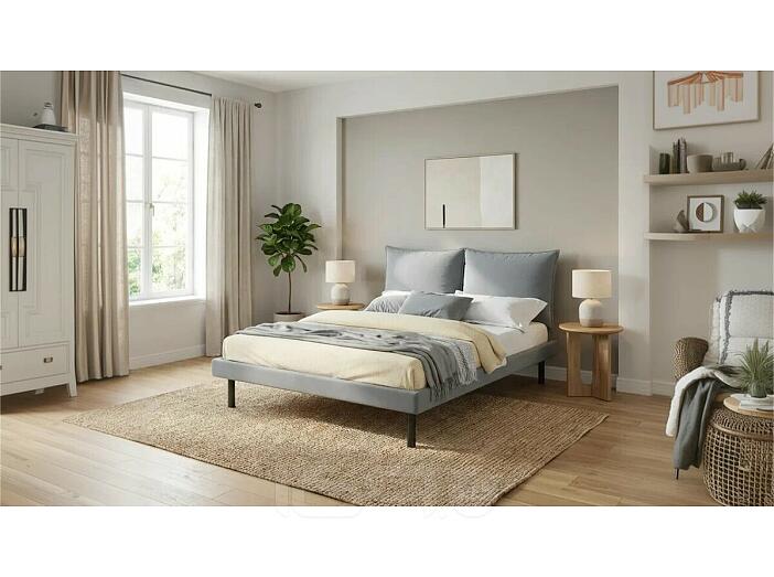 Кровать Fly с матрасом велюр серый без П/М 1600x2000, изголовье мягкое