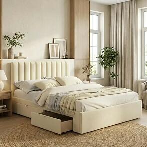 Кровать Olivia с матрасом велюр бежевый без П/М 1600x2000, ортопедическое основание, изголовье мягкое