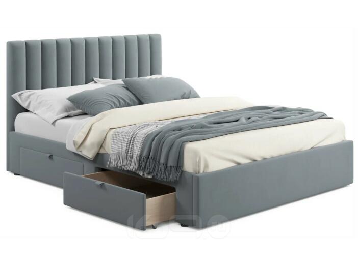 Кровать мягкая Olivia 1600 серая с ящиками