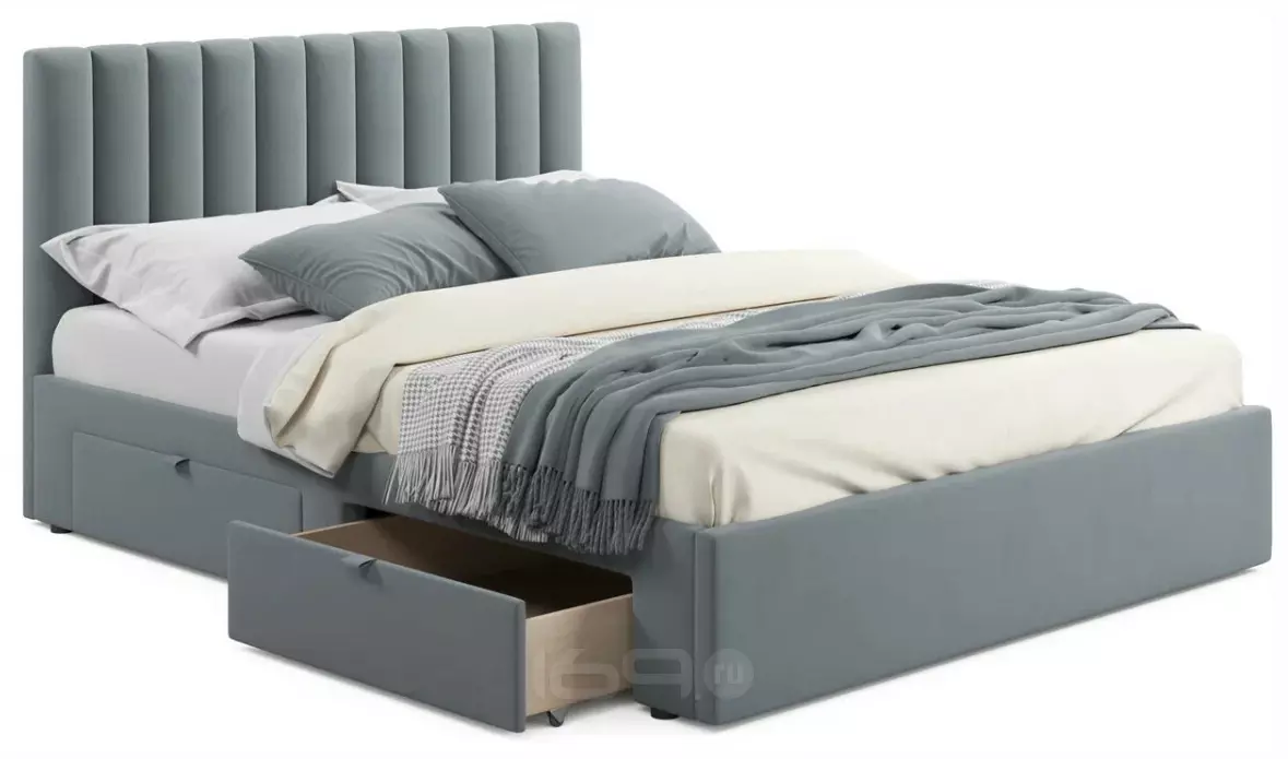 Кровать мягкая Olivia 1600 серая с ящиками