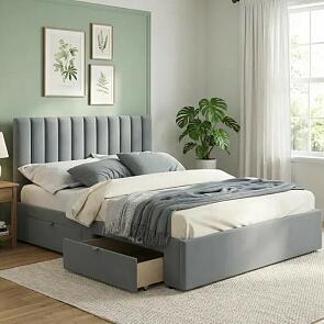 Кровать Olivia с матрасом велюр серый без П/М 1600x2000, ортопедическое основание, изголовье мягкое