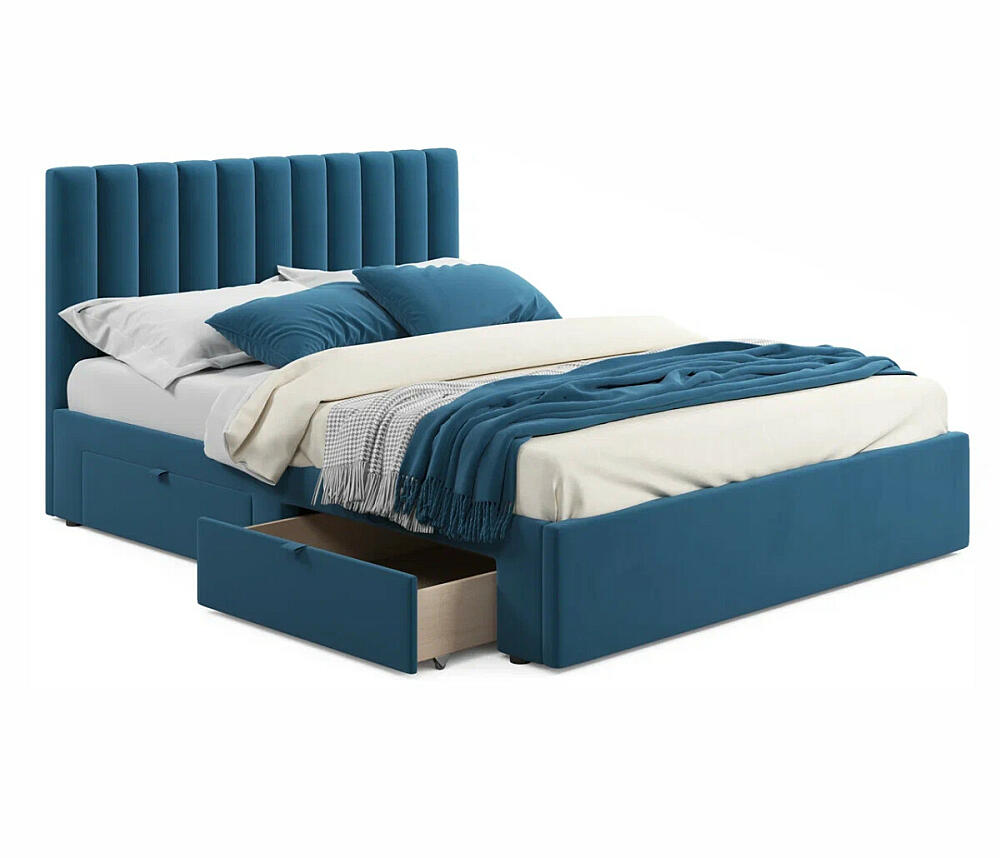 

Кровать мягкая Olivia 1600 синяя с ящиками, Синий
