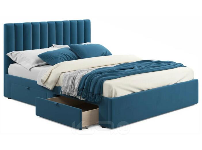 Кровать мягкая Olivia 1600 синяя с ящиками