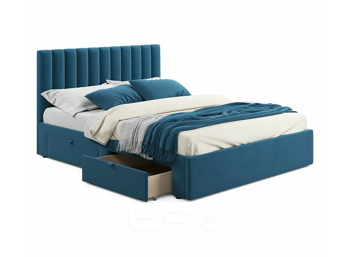 Кровать Olivia с матрасом велюр синий без П/М 1600x2000, ортопедическое основание, изголовье мягкое