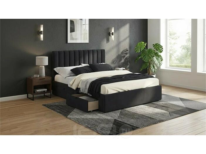 Кровать Olivia с матрасом велюр черный без П/М 1600x2000, ортопедическое основание, изголовье мягкое