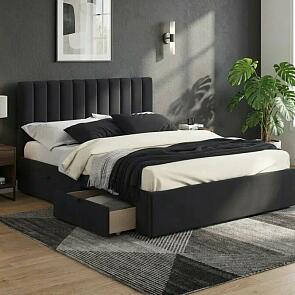 Кровать Olivia с матрасом велюр черный без П/М 1600x2000, ортопедическое основание, изголовье мягкое