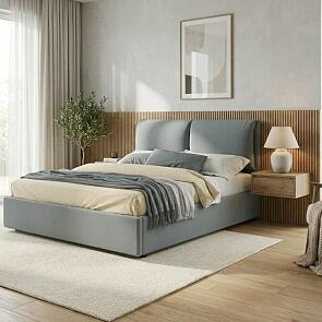 Кровать Vita с матрасом велюр серая без П/М 1600x2000, изголовье мягкое