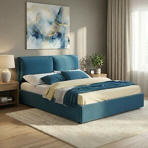 Кровать Vita с матрасом велюр синий без П/М 1600x2000, изголовье мягкое