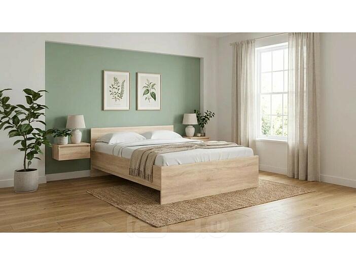 Кровать STERN с матрасом без обивки дуб сонома без П/М 1400x2000, без ортопедического основания, изголовье жесткое