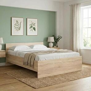 Кровать STERN с матрасом без обивки дуб сонома без П/М 1400x2000, без ортопедического основания, изголовье жесткое