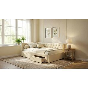 Кровать Afelia с матрасом велюр бежевый без П/М 1200x2000, ортопедическое основание, изголовье мягкое