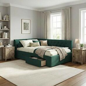 Кровать Afelia с матрасом велюр изумруд без П/М 1200x2000, ортопедическое основание, изголовье мягкое