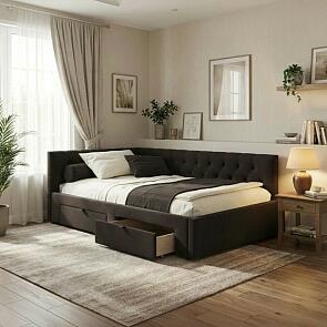 Кровать Afelia с матрасом велюр шоколад без П/М 1200x2000, ортопедическое основание, изголовье мягкое